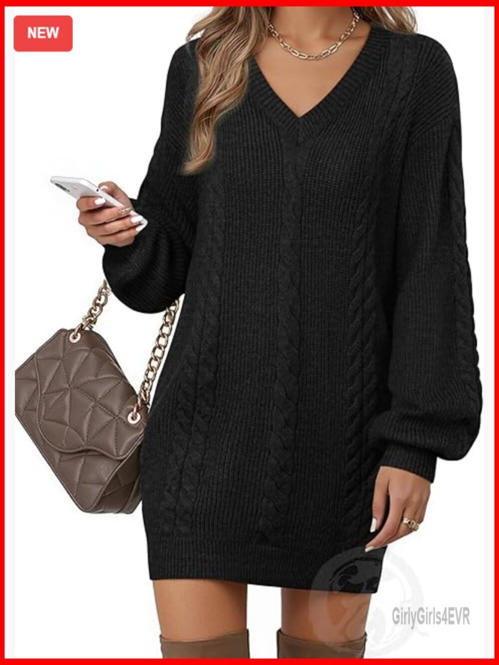 V-Neck Lantern Sleeve Knit Sweater Dress, Maternity Casual Fall Mini Dress